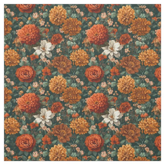 Tissu Floral Botanique Gras Vert Orange Brûlé Rustique (Échantillon)