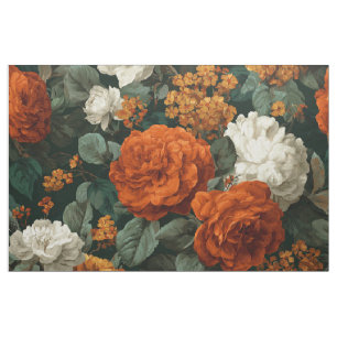 Tissu Floral Botanique Gras Vert Orange Brûlé Rustique