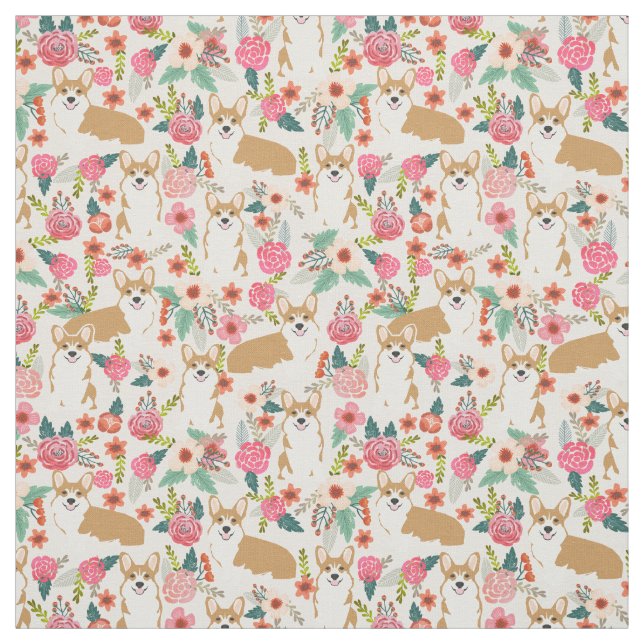 Tissu floral de corgi - crème (Échantillon)