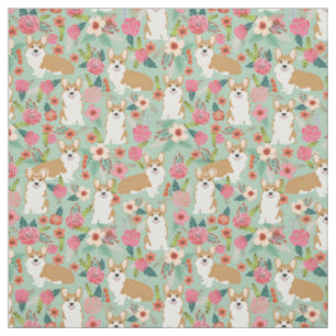 Tissu floral de corgi - menthe
