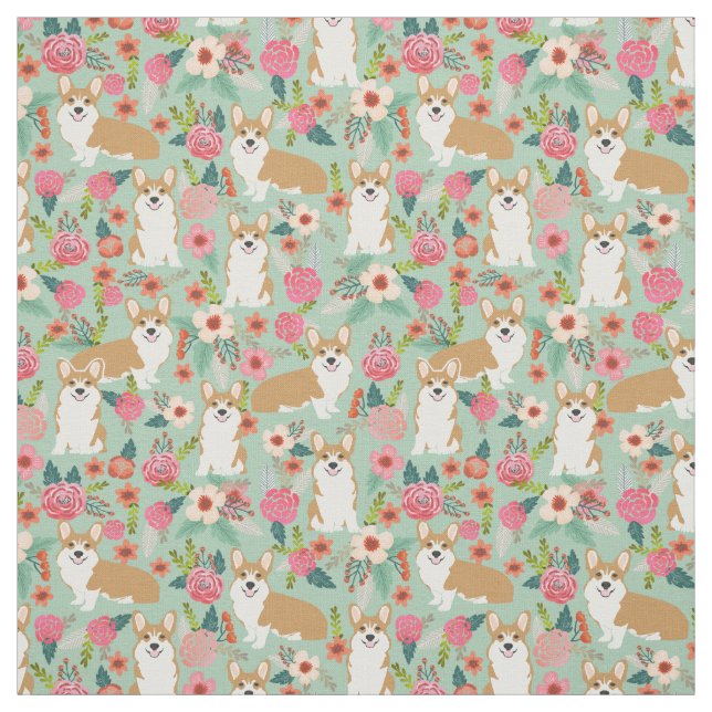 Tissu floral de corgi - menthe (Échantillon)