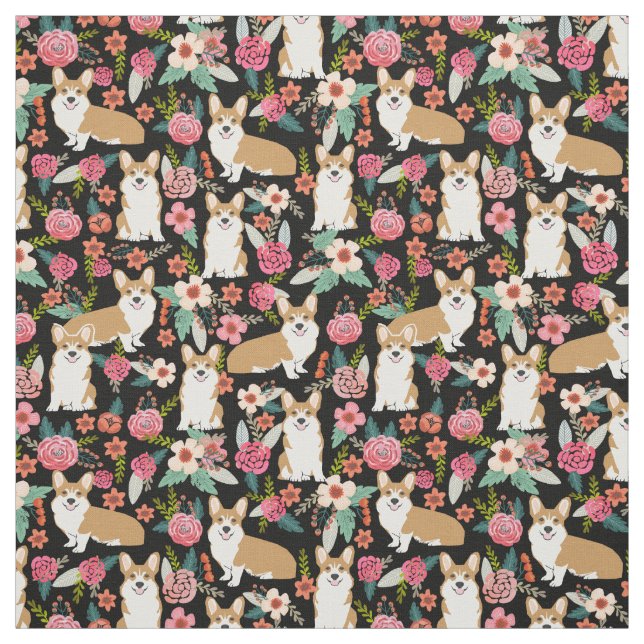 Tissu floral de corgi - noir (Échantillon)