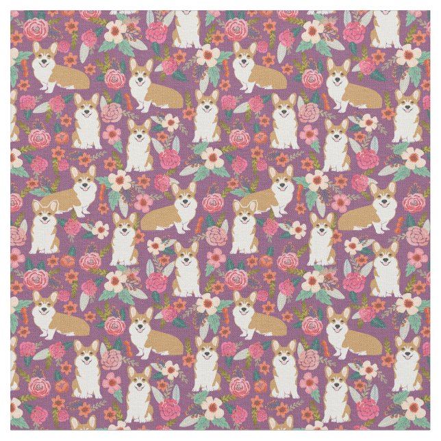 Tissu floral de corgi - pourpre (Fermer)