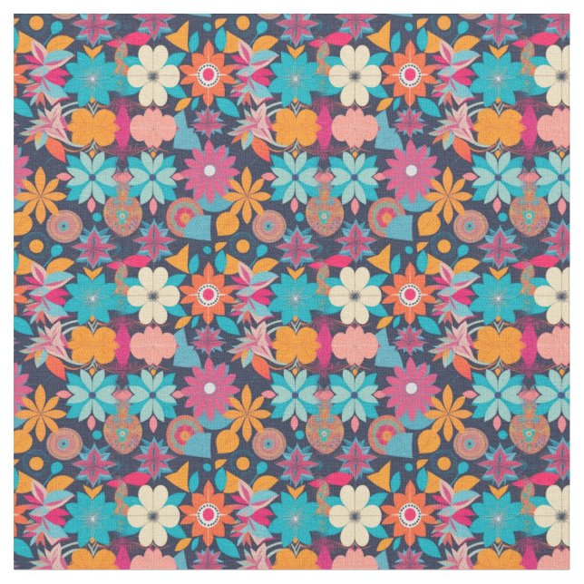 Tissu Floral des années 1960 aux formes géométriques (Fermer)