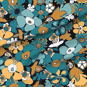 Tissu Floral Doodles moutarde jaune turquoise bleu aqua