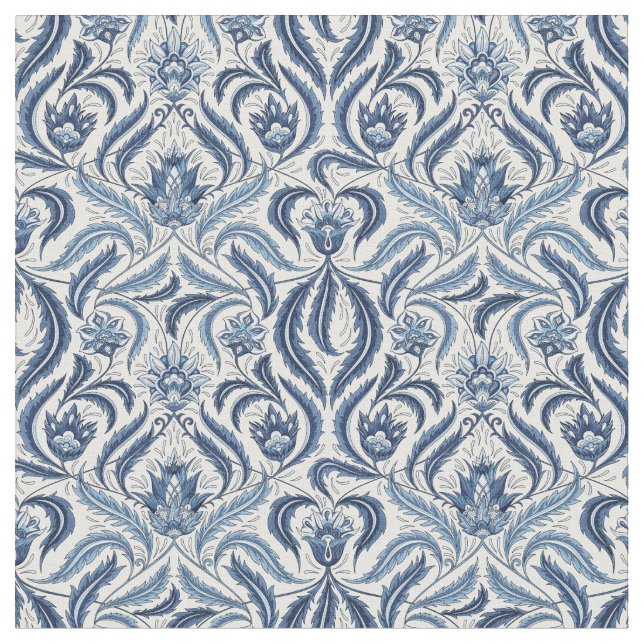 Tissu Floral Feuille damassé bleu et blanc (Fermer)