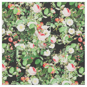 Tissu Floral Imprimer Rose rose et blanc Fleurs sur noir