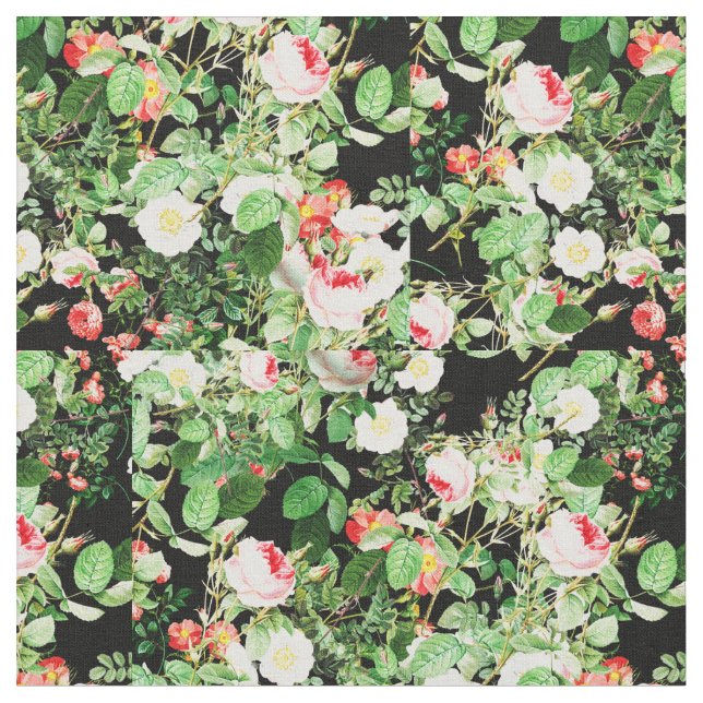 Tissu Floral Imprimer Rose rose et blanc Fleurs sur noir (Fermer)