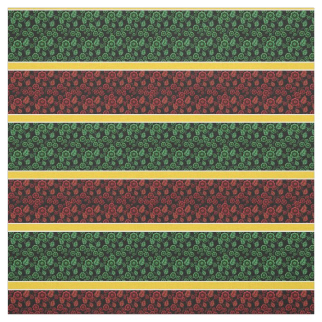 Tissu Floral-or vert/rouge/rayure blanche - noir (Échantillon)