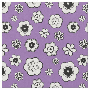 Tissu Floral pourpre, noir et blanc