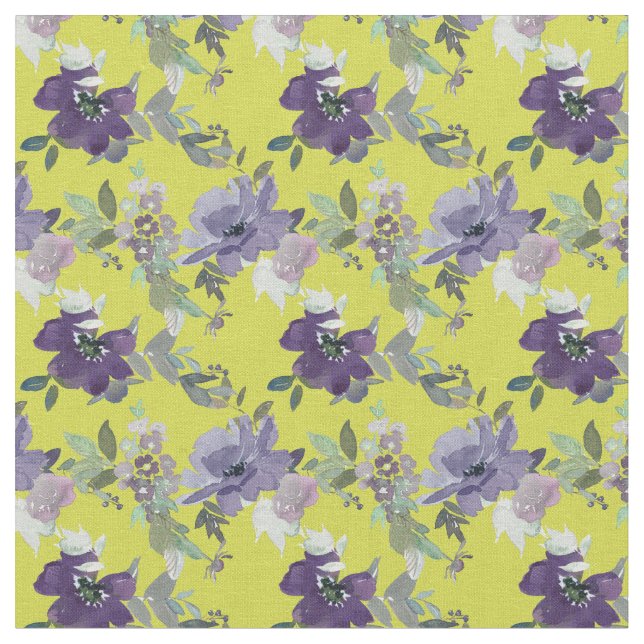 Tissu Floral pourpre sur aquarelle jaune (Fermer)