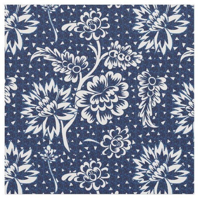 Tissu Floral Vintage bleu et blanc Indigo (Fermer)