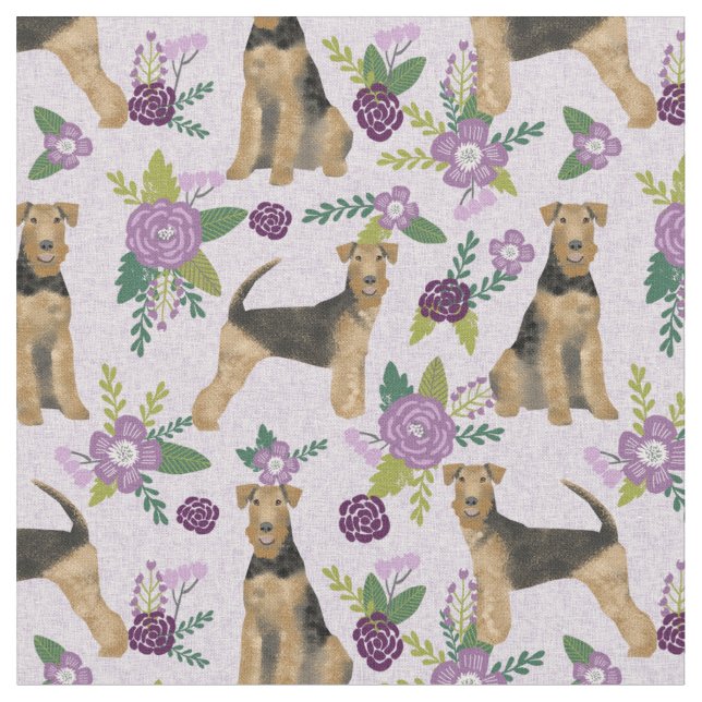 Tissu floraux pourpres d'airedale terrier (Fermer)