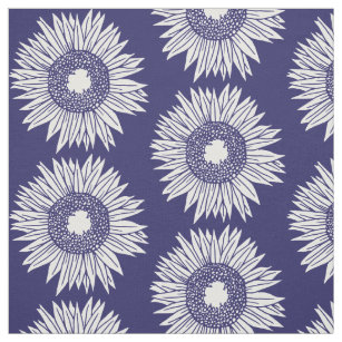 Tissu Flore bleu et blanc Motif des tournesols russes
