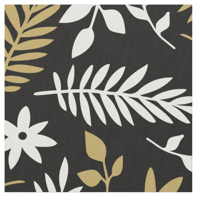 Tissu Flore des Feuilles botaniques blancs d'or sur le n (Fermer)
