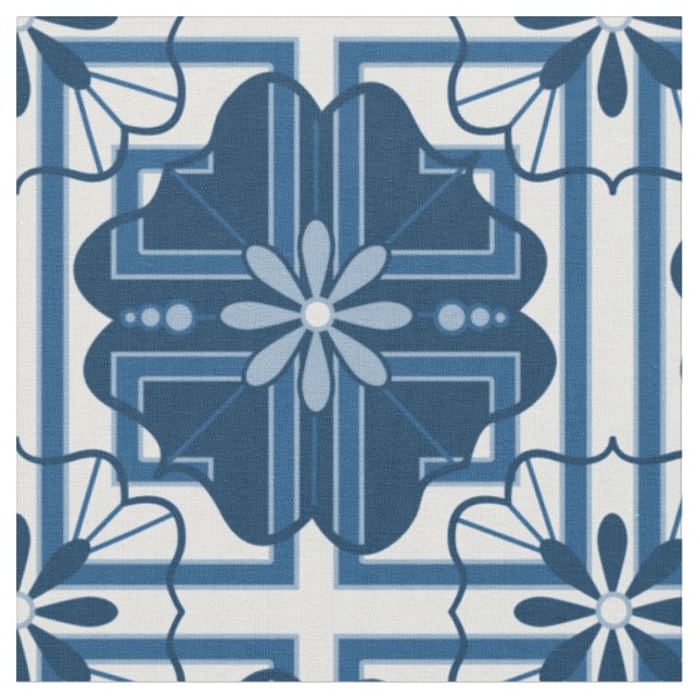 Tissu Flore géométrique bleu classique (Fermer)