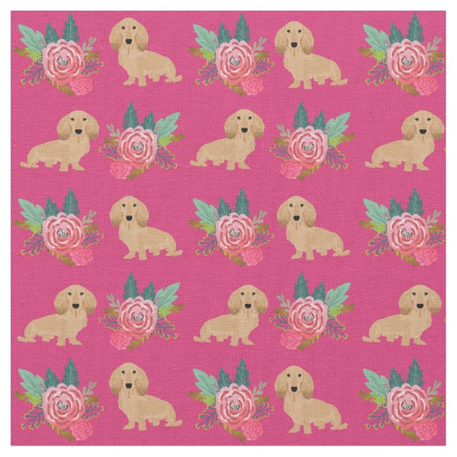 Tissu Flore magenta Dachshund à la crème (Fermer)