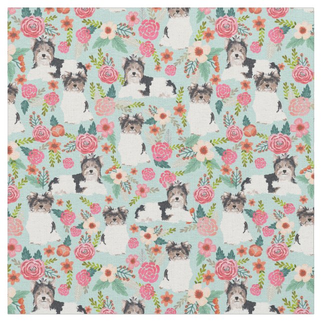 Tissu Flore vintage de Biewer Terrier bleu (Fermer)