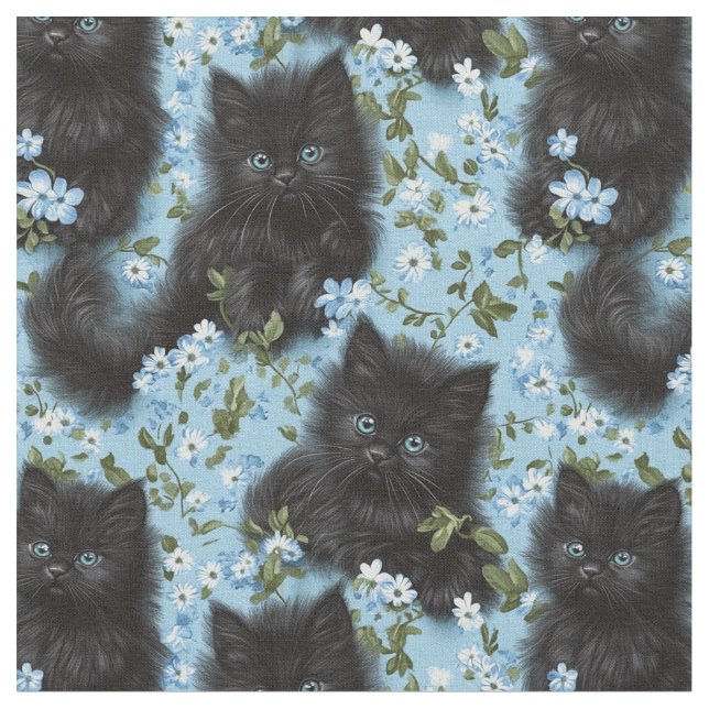 Tissu Fluffy Black Kittens & Flowers Motif sans couture (Fermer)