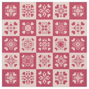 Tissu Folk Art Stenciled Heart Motif Rouge et rose