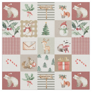 Tissu forêt de Noël animaux de la forêt patchwork neutre
