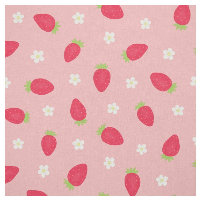 Tissu Fraises d'été sur fond rose (échelle moyenne) (Échantillon)