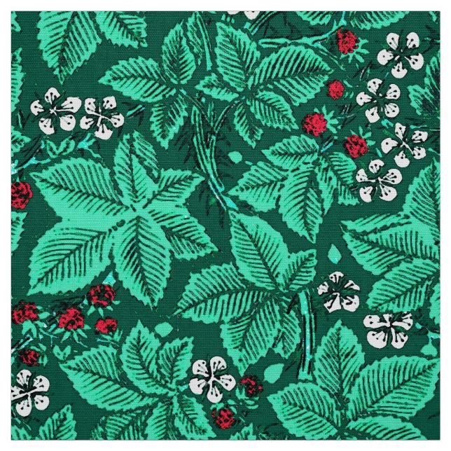Tissu Fraises et Feuilles Art Nouveau, Turquoise (Échantillon)
