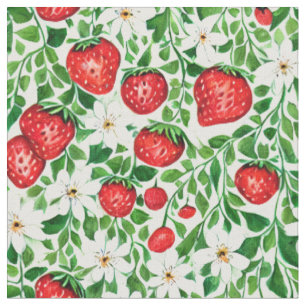 Tissu Fraises rouges et fleurs blanches