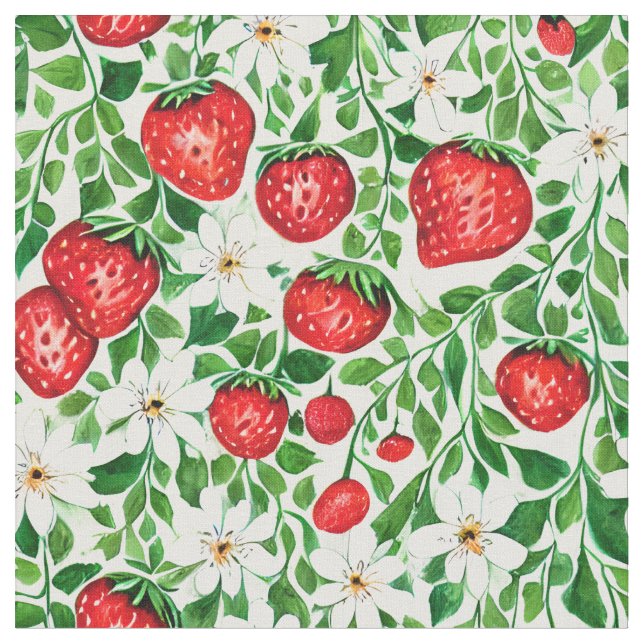 Tissu Fraises rouges et fleurs blanches (Fermer)