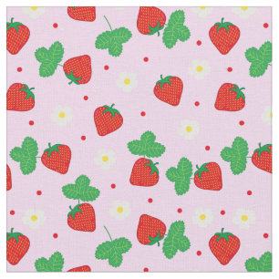 Tissu Fraises rouges et fleurs sur motif rose