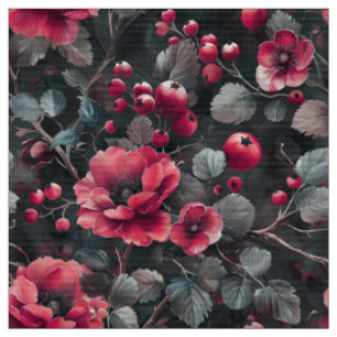 Tissu Framboise, fleurs bordeaux sur gris foncé