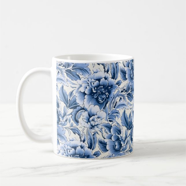 Tissu français & toile de Jouy. Bleu. Mug (Gauche)