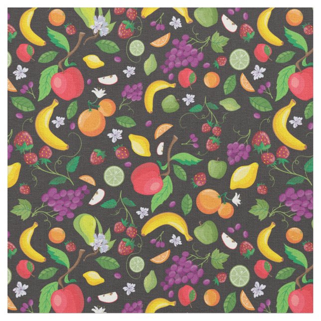 Tissu Fruitopia Imprimer, Fruit frais sur terre noire Fa (Fermer)
