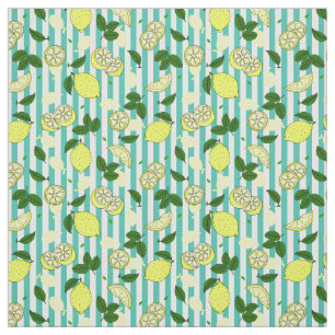 Tissu Fruits et tranches de citron sur bandes Turquoises