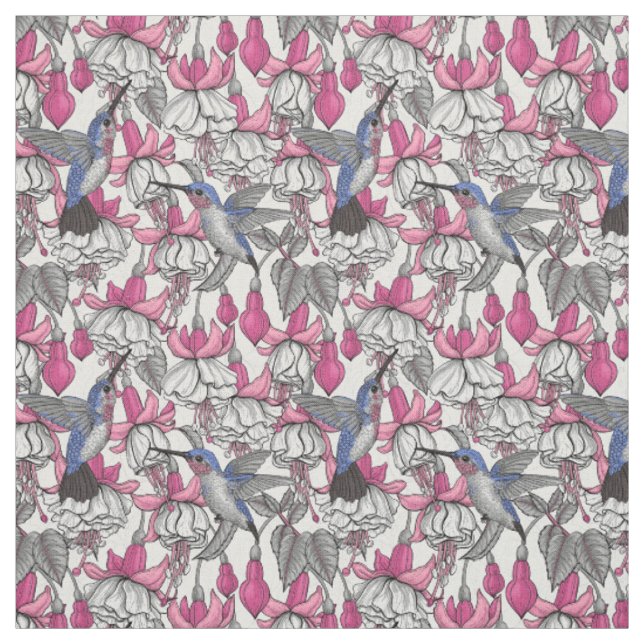 Tissu Fuchsia et colibris blancs (Échantillon)