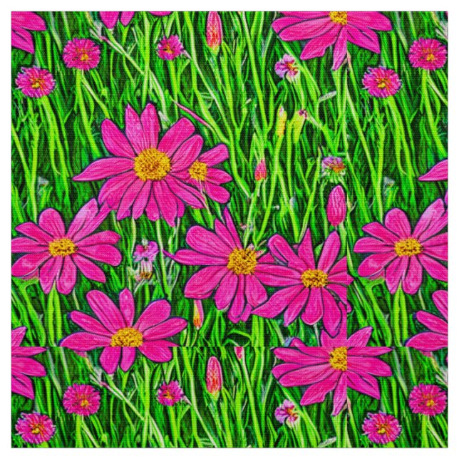Tissu Fuchsia Fleurs sauvages roses dans un champ (Échantillon)