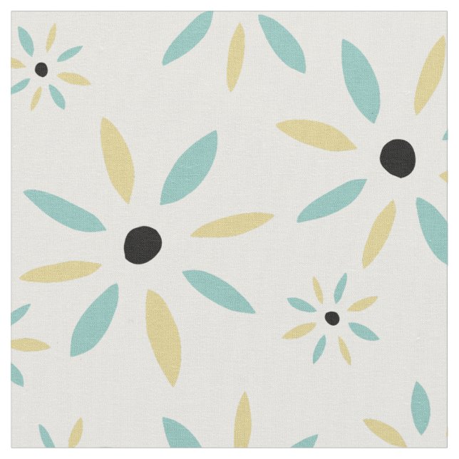 Tissu Funky Aqua Bleu Et Jaune Fleurs Rétro (Fermer)