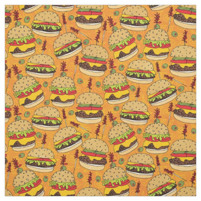 Tissu Funny Cheeseburger sur le Motif alimentaire jaune (Échantillon)