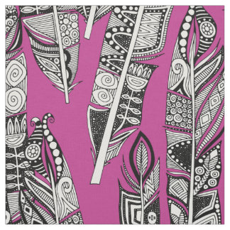 Tissu geo plumes rose chaud