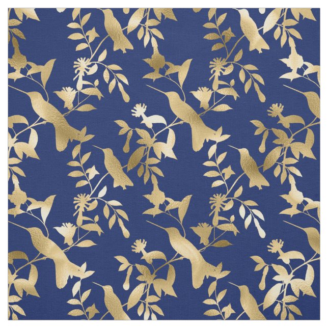 Tissu Glam Gold Hummingbirds Navy Blue Graphic (Échantillon)
