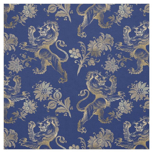 Tissu Glam Gold Lions Fleurs Marine Blue Graphic (Échantillon)
