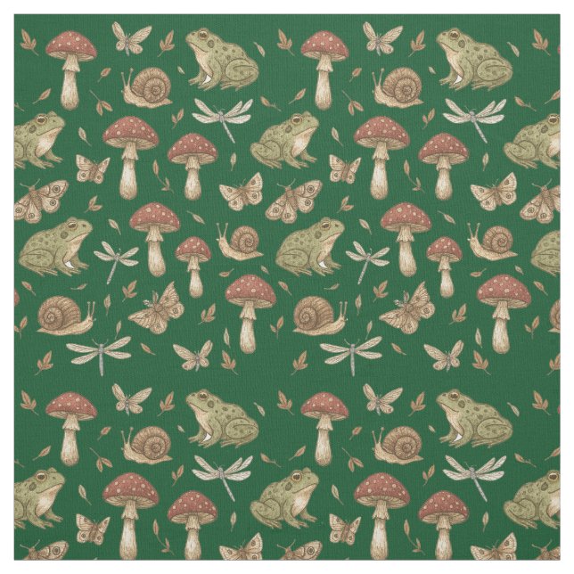 Tissu Goblincore Mushroom Frog Snail Dragonfly Pattern (Échantillon)