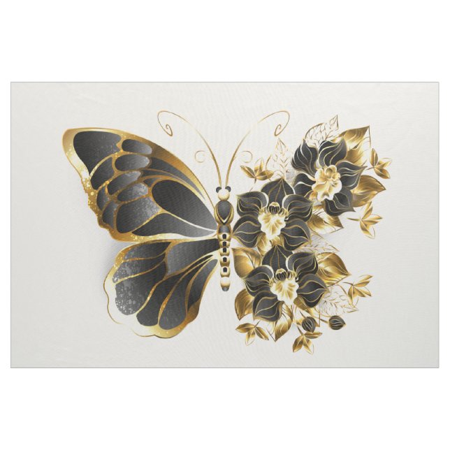 Tissu Gold flower Butterfly with Black Orchid (Yard)
