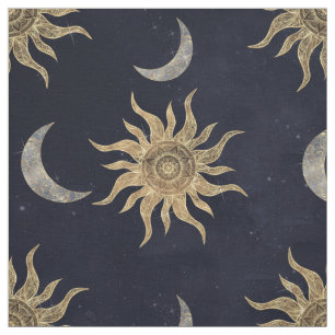 Tissu Gold Moon Sun Mandala Blue Night Sky Motif