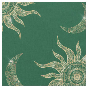 Tissu Gold Moon Sun Mandala Green Motif