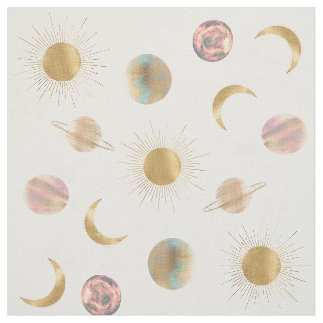 Tissu Gold Sun Moon Planètes Space Illustration blanche (Échantillon)