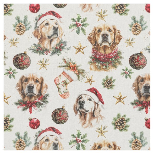 Tissu Golden Retriever Chien Motif de Noël (Fermer)