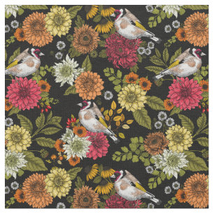 Tissu Goldfinches dans le jardin sur noir