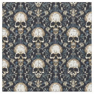 Tissu Goth Skuls avec Floral Bleu