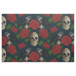 Tissu Gothique foncé Grungy Vins Roses Corbeau crâne rou